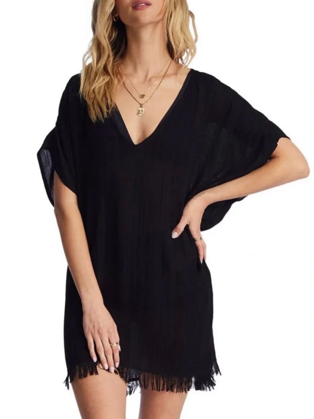 Billabong Black V-Neck Fringe Swim Coverup